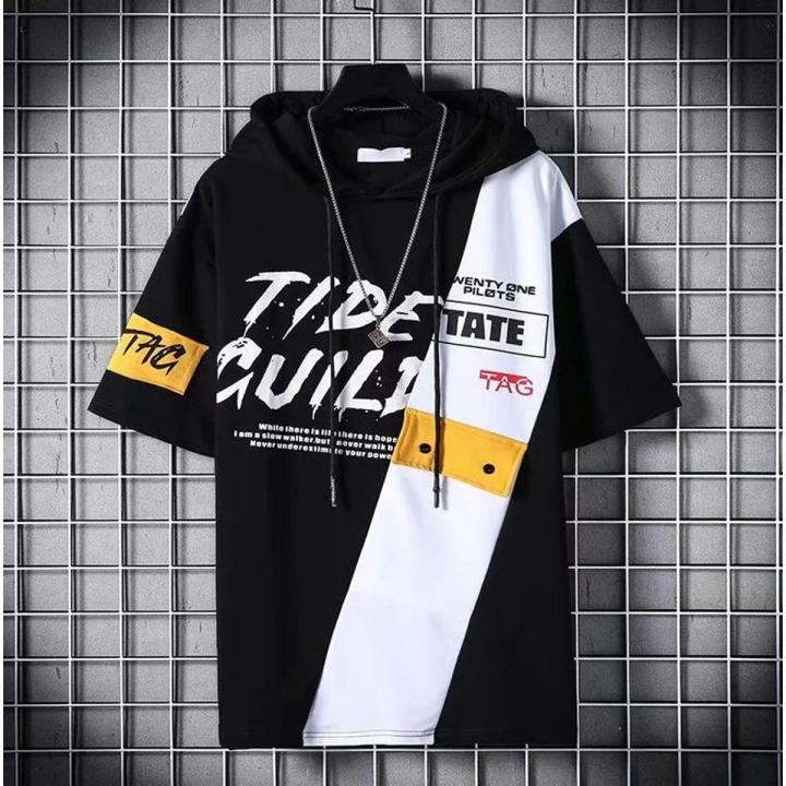 【BestGO】Korean Version Hip Hop Men's T-shirt Oversize Shirt Hoodie Round Neck Fashion Casual Colorblock Short Sleeve t shirt