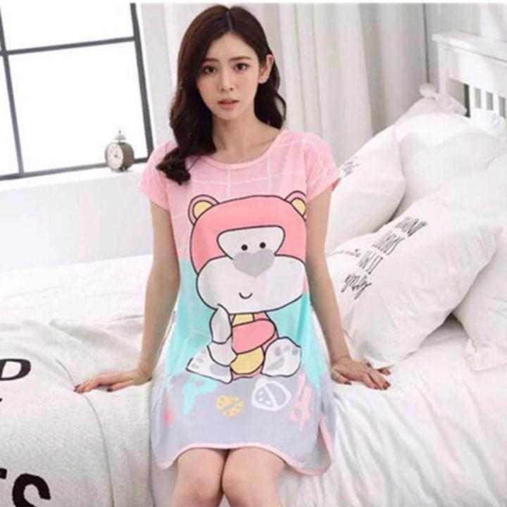 Summer Cute Cartoon Women Sleepwear Thin Short Sleeve Printing Nightdress Women's Nightgown Sleepwear Night Dress Loungewear
