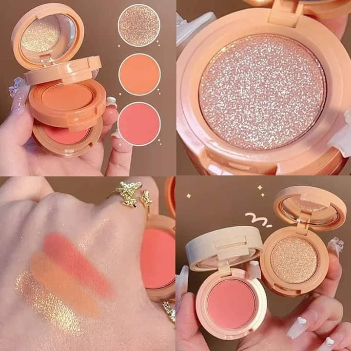 3 In 1 Highlighter Blush Palette Pearly Matte Blush Shiny Eye Shadow Multifunctional Face Makeup Palette
