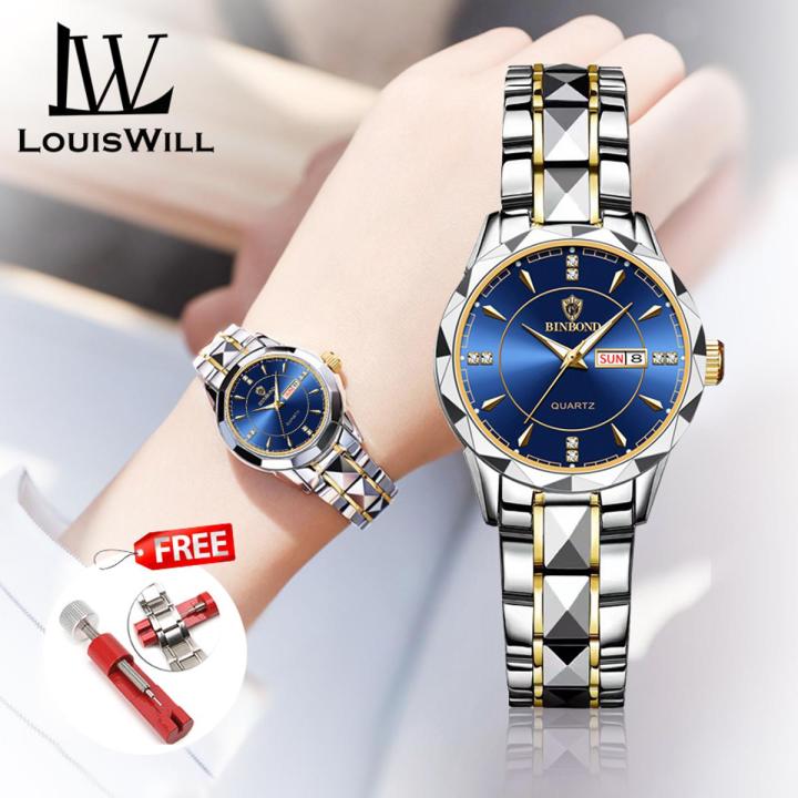 LouisWill Women's Fashion Double Calendar Diamond Waterproof Steel Band Watch Thin Strap Watch Diamond Dial Watches 30M Waterproof Wristwatch Quartz Movement