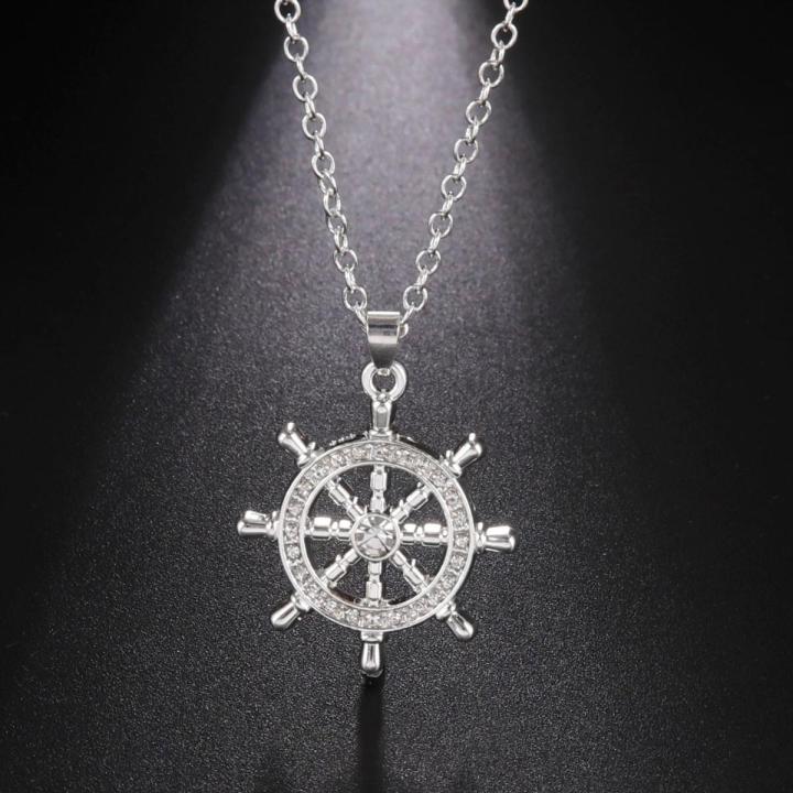 Fishhook Ship Boat Rudder Necklace Sail Pirate Explore Chain Steering Wheel Gift For Man Woman Kid Boy Crystal Zircon Jewelry