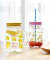 Multicolor  Heat Resistant Fruity Glass Mason Jar Mugs Fruit Juice Cups with Lid and Straw For Milk,  Milkshakes Juices  480 ml. 