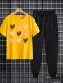 Hearts Printed Sport Set Summer 2-Piece Outfit Short Sleeve T Shirts and Pants Stylish Casual Tracksuit For Women. 