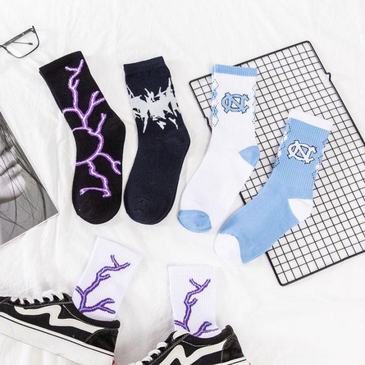 New Fashion Harajuku Women Socks Cotton Lightning Hip-hop Novelty Socks Couple Streetwear Black White Socks Blue High Quality