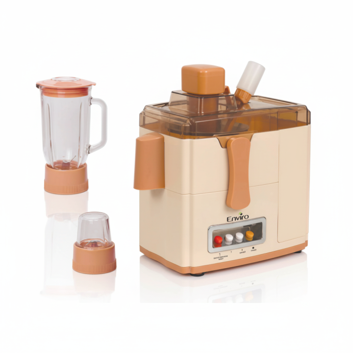 Enviro 3-in-1 Juicer Blender EJBG-303 | 600W Copper Motor, 1L Glass Jar, Grinder & Juice Separator, Stainless Steel Spinner, Brown