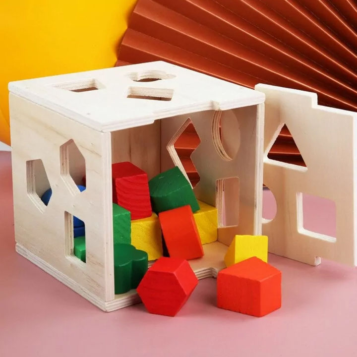 Wooden Hole Shape Intelligence Box Big Shape Sorter Toys with 15 ...