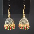 Golden Antique Dangle Jhumki With Red and Green Beads for Girls-006. 