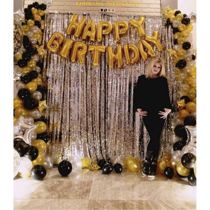 Happy Birthday Black and golden Theme Set '1 Happy Birthday Foil Balloons'1 silver curtain and'30Pcs Shining Balloons Theme Set