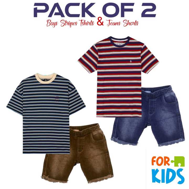 Vogue Vault Stylish Pack Of 2 Fancy Stripes T-shirt With Jeans Shorts For Boys