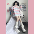 Women's Rainbow Striped T-shirt Loose Long-sleeved Casual Top. 
