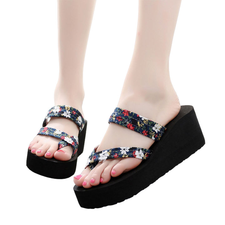 Women floral Flip Flops Slippers High Heel Platform Wedge Thick