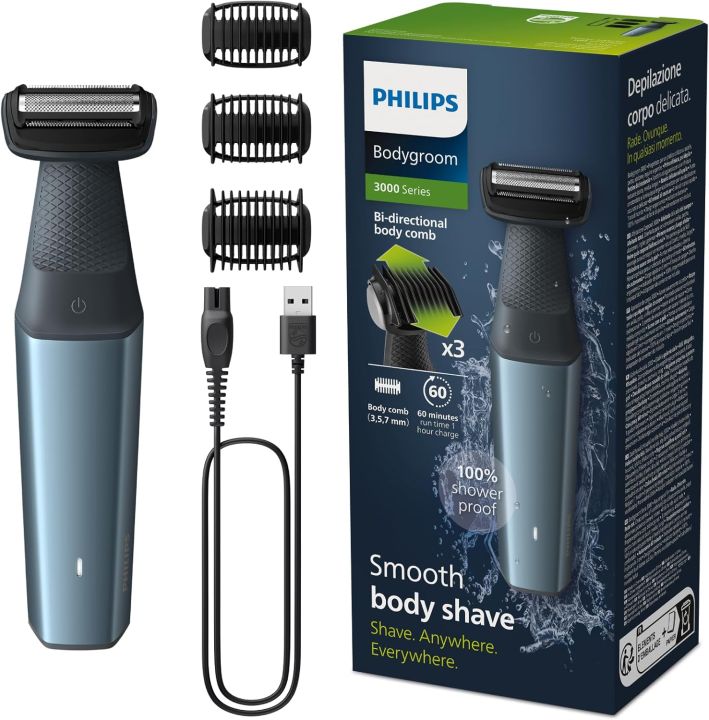 Philips Bodygroom Series 3000, Showerproof Groin and Body Trimmer, Close and Comfortable Shave, Complete Body Grooming, 60 Min. Runtime, Model BG3027/03