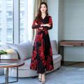 V-Neck Long Sleeve Long Ladies Floral Print A-line Casual Women Dresses. 