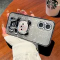 For OPPO F21 Pro 5G / F21 Pro 4G Back Cover with 3D Bear Hidden Stand Bracket Luxury 6D Gradient Shiny Plating Glitter Women Phone Case Clear Soft Silicone Protective Cases Pouch Girls. 