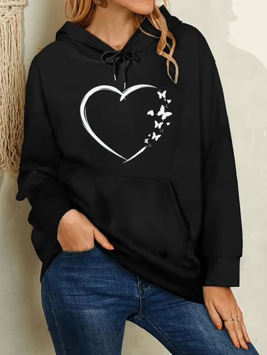 Heart Butterfly Printed Fleece Full Sleeves Pull Over Comfortable Hoodie For Girls & Women