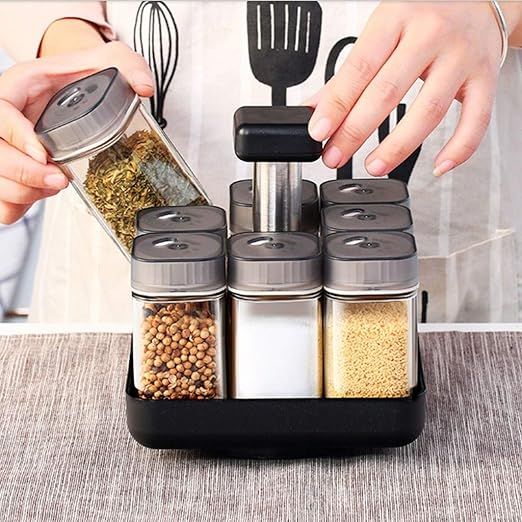 Condiment Pots Kitchen Condiment Bottle Set, Family Rotating Glass Seasoning Category Unique Condiment Jars (9 Pieces) Spice Jars