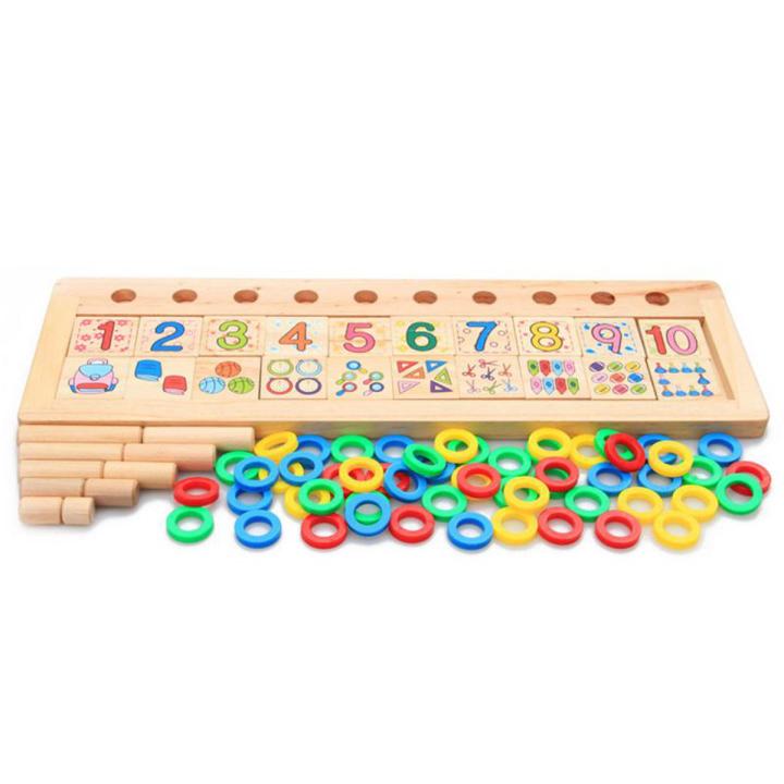 Montessori Rainbow Rings Dominos Children Preschool Teaching Aids Counting and Stacking Board Wooden Math Toy