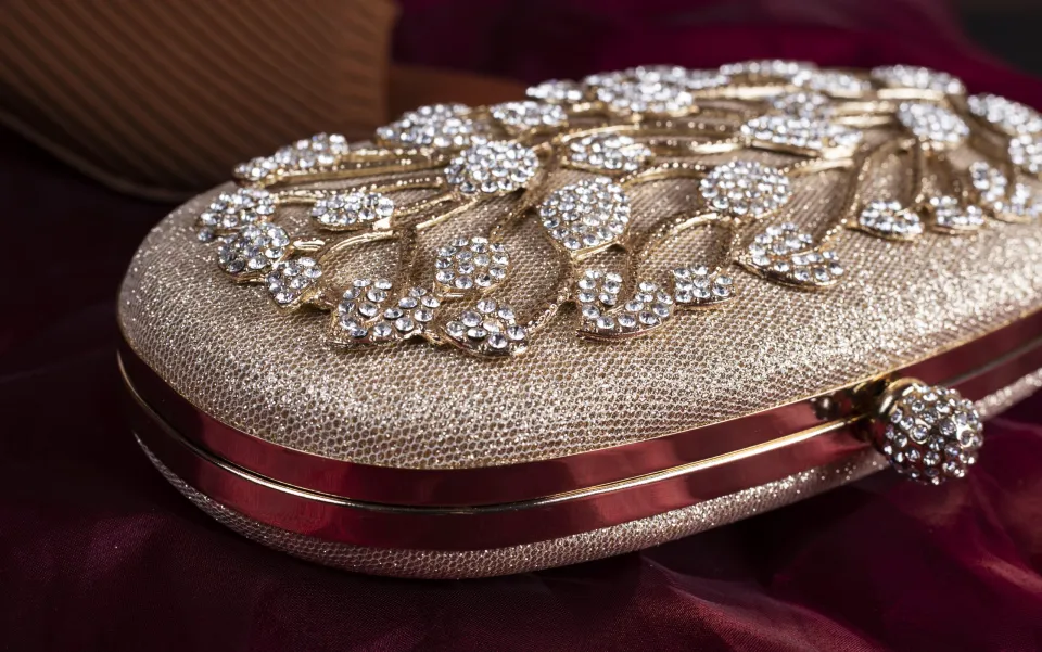 Beautiful Luxury Golden Shimmery Fancy Clutch Hand Purse For Girls