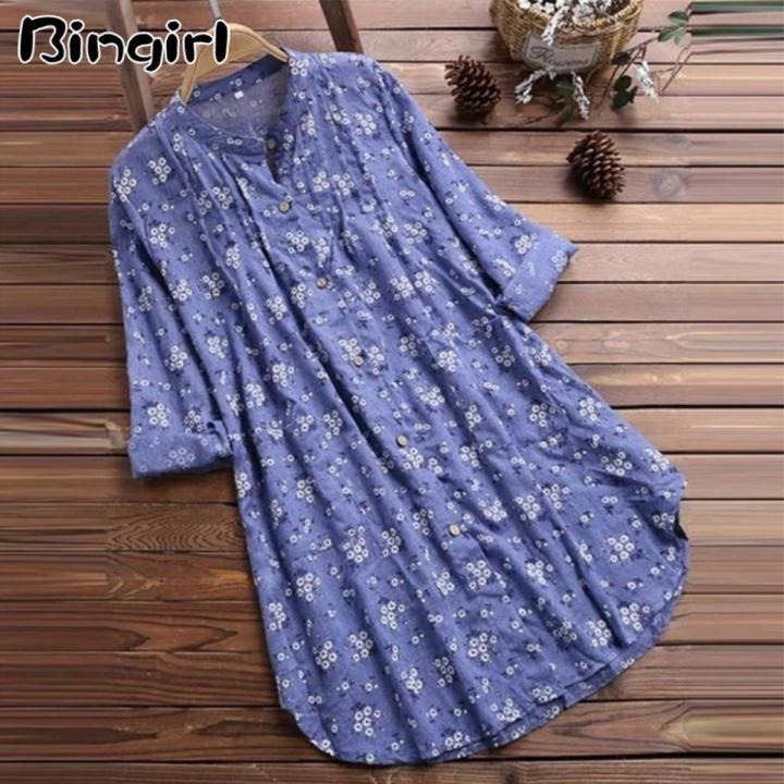 Bingirl Women Long Sleeves Shirt Trendy V Neck Pleated Floral Printing Blouse Casual Large Size Cardigan Tops