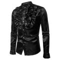 Canis-Men Satin Ruffle Shirts, Long Sleeve Stand Collar Solid Color Slim Fit Dress Shirt. 