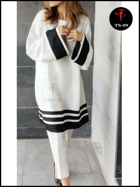 TRENDZ.PK Turkish Style White Trendy Design 2 Piece Suits With Black Stripes For Girls/Women TS-09