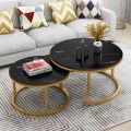 Round Modern Nesting Coffee Table Set of 2, Stacking Living Room Accent Cocktail Tables with an Industrial Wood Finish and Powder Coated Metal Frame, Reclaimed Oak/Black. 