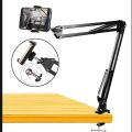 Extendable Professional Mobile, Tablet & Microphone Scissor Arm Stand with Universal Holder, Microphone Clip & Table Mount Clamp. 