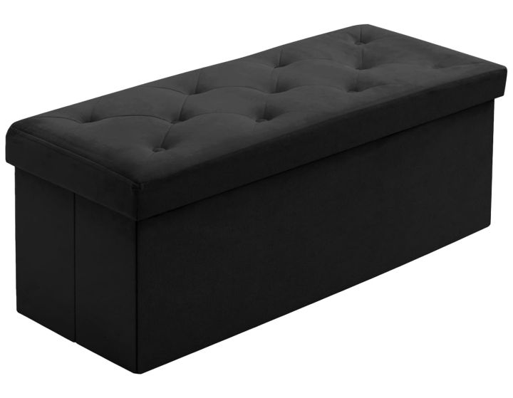 Foldable Black Velvet Ottoman Storage Benches Folding Stool Soft Cushion Footrest Toy Storage Box Seat for Living Room Poof Foot Stool,38x76cm
