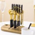 CherryBox Spoon Fork & Knife Set, Dinnerware Cutlery Set with Stand, Gold Plated  Stainless Steel , 24 Pcs. 