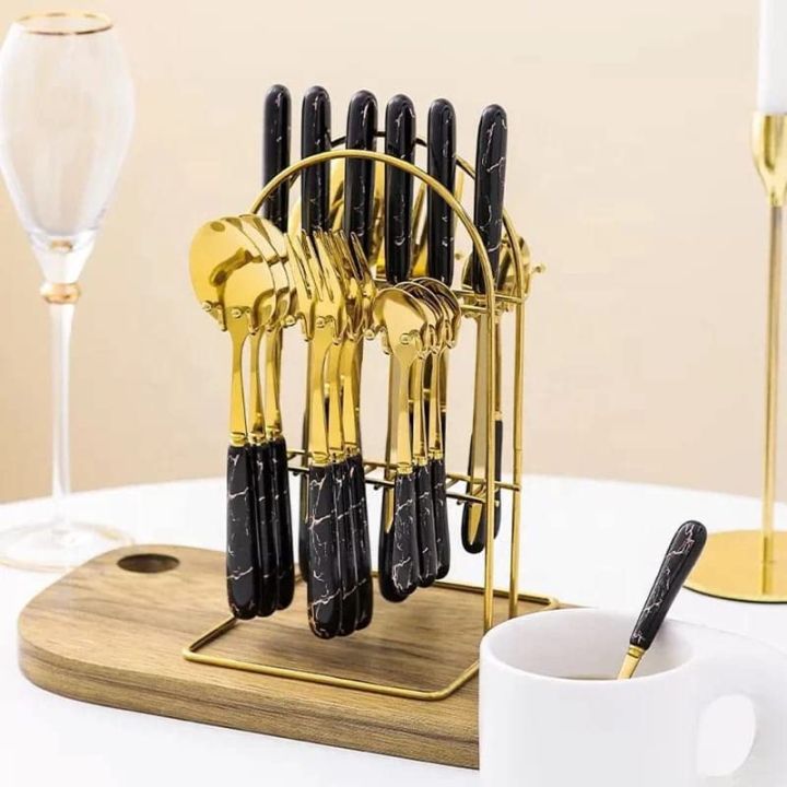 CherryBox Spoon Fork & Knife Set, Dinnerware Cutlery Set with Stand, Gold Plated  Stainless Steel , 24 Pcs