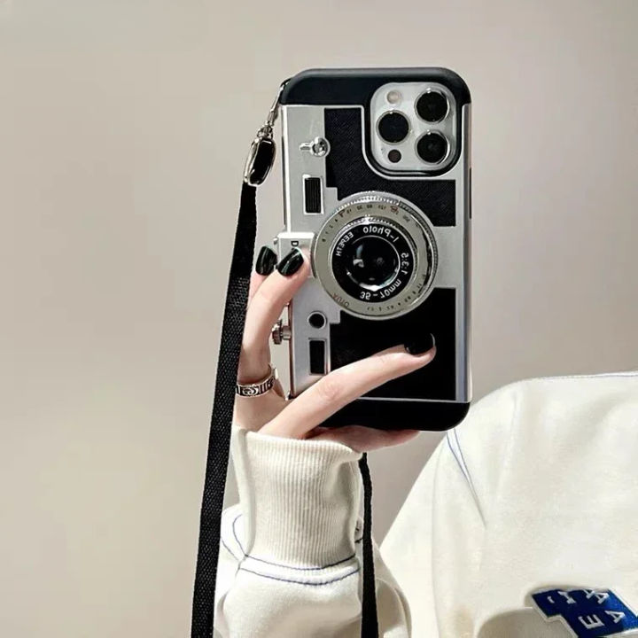 3D Retro Camera Case For iPhone 15 Pro Max 14 13 12 11 Pro Max X XR XS Max 8 Plus Lanyard Camera Shockproof Cover