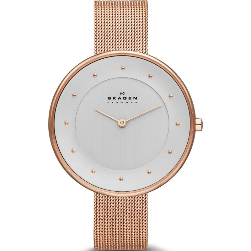 Skagen Gitte Silver Dial Rose Gold Mesh Bracelet Watch For Women