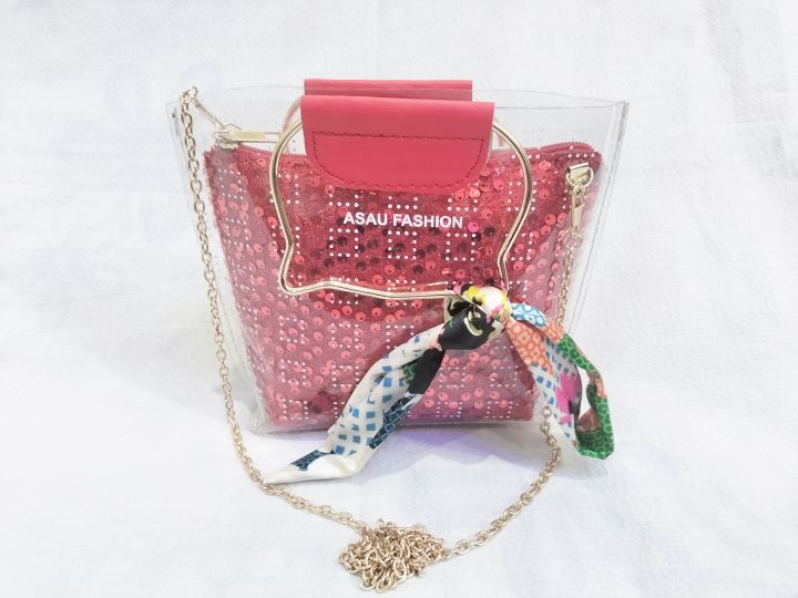 Transparent & Leather 2 Pis Bag Latest Clutch 2 in 1 White Long Chain