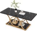 Rectangle Coffee Table, 47.24-inch Modern Coffee Tables for Living Room, 2-Tier Faux Marble Wood Coffee Table with Geometric Legs, Furniture with Storage Shelf (White & Gold). 