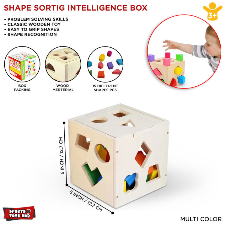 Wooden Hole Shape Intelligence Box Big Shape Sorter Toys with 15 Colorful Wood Puzzle Geometric Shape Blocks and Sorter Sorting Cube Box Classic Wooden Developmental Toy for Preschool Toddlers Girl Boys Birthday Gift