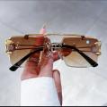 Luxury Rimless Sunglasses for Men – Gold Metal Frame with Panther Side Design, Square Stylish Shades, Premium Fashion Eyewear. 