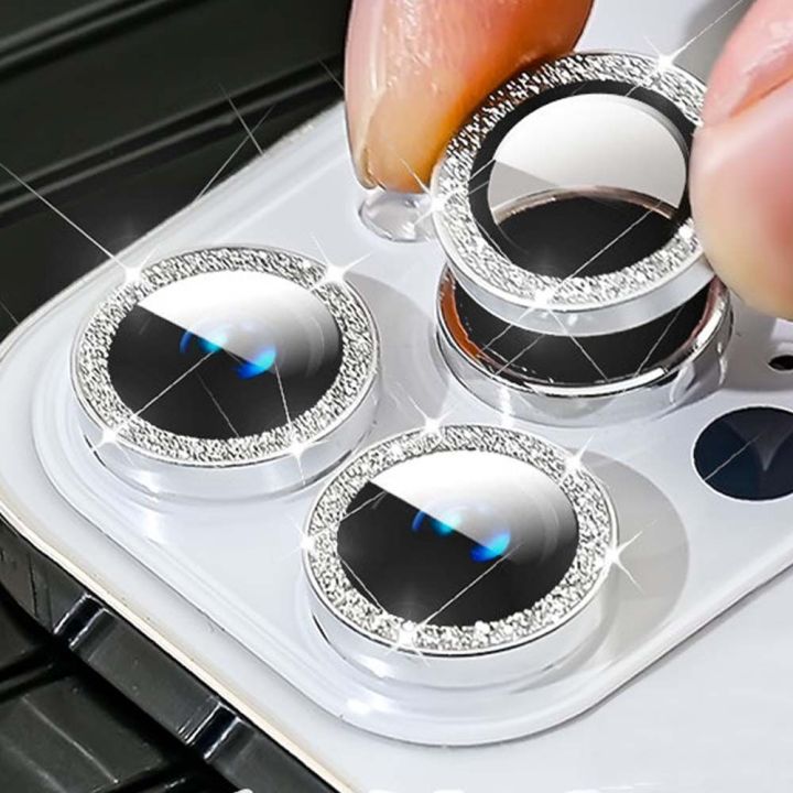 Glitter Camera Lens For iPhone 15 Pro Max 14 11 12 13 Mini 9H Tempered Glass Screen Protector Cover Film Metal Ring