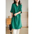 Yfashion Women Linen Shirt Retro Button Design Half-sleeve Solid Color Casual Mid-length Blouse Tops color. 