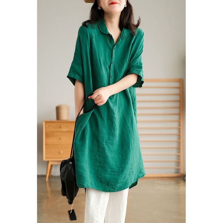 Women%20Linen%20Shirt%20Retro%20Button%20Design%20Half-sleeve%20Solid%20Color%20Casual%20Mid-length%20Blouse%20Tops%20-%20Image%204