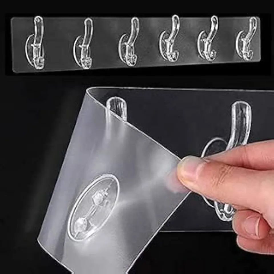 Muntazir 5 in 1 Seamless Heavy Duty Strong Sticky Hooks Strip for Wall Hanging Multipurpose Double Sided Self Adhesive Transparent and Waterproof Wall Sticking Hanger for Bathroom and Kitchen Daraz.pk