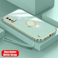 Maitus for Itel A48 Back Cover with Ring Holder + Wrist Strap Luxury 6D Plating Square Bumper Shiny Soft Silicone Cases Full Protection Mobile Phone Case for Boy Girls. 