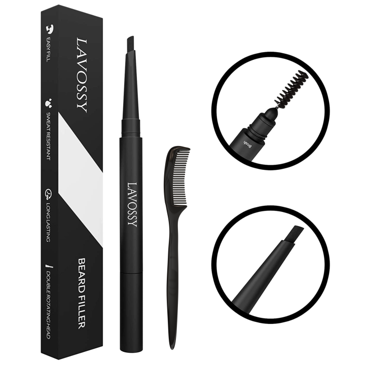 LAVOSSY Beard Pen Filler - BLACK - Long Lasting and Easy to Use Beard Pen with blending brush results in a sleek & natural look, Water/Sweat Proof beard filler - BLACK