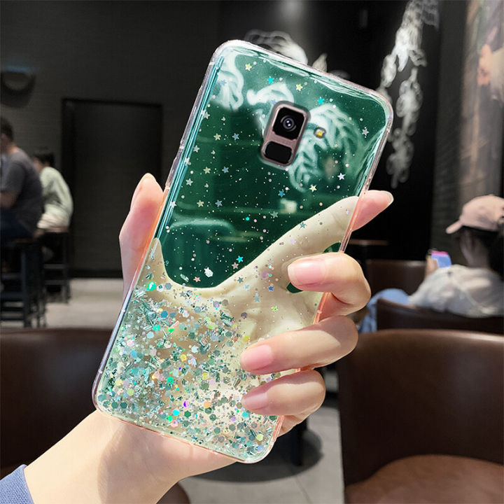 For Samsung Galaxy A8 Plus 2018 Back Cover Luxury Shiny Glitter Gold Foil Space Starry Cases Clear Soft Silicone Bumper Full Protection Mobile Phone Case for Girls Boy