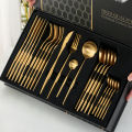 24pcs Gold & Black Gold Dinnerware Set Western 304 Stainless Steel Tableware Set Knife Fork Spoon Luxury Flatware Kitchen Set  Dishwasher Safe. 