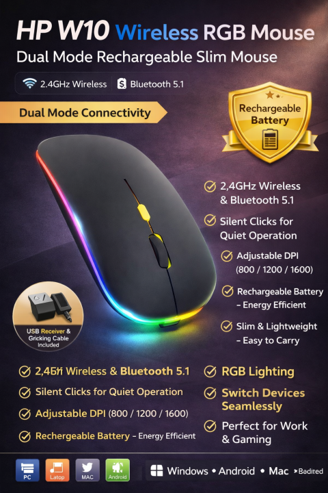 HP W10 Wireless RGB Rechargeable Mouse – Bluetooth & 2.4G Dual Mode, Silent Click, Adjustable DPI, Ultra-Thin Slim Design by Ecoelec