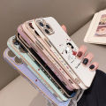 Hontinga for OPPO A12E Back Cover（Free Lanyard）Luxury 6D Plating Happy Puppy and Girl Side Pattern Case Soft Silicone Square Mobile Cover. 