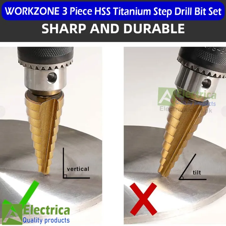 WORKZONE%203%20Piece%20HSS%20Titanium%20Step%20Drill%20Bit%20Set%20%E2%80%93%20Multi-Size%20Metal%20Drilling%20Tool%20Kit%20by%20Electrica%20-%20Image%205