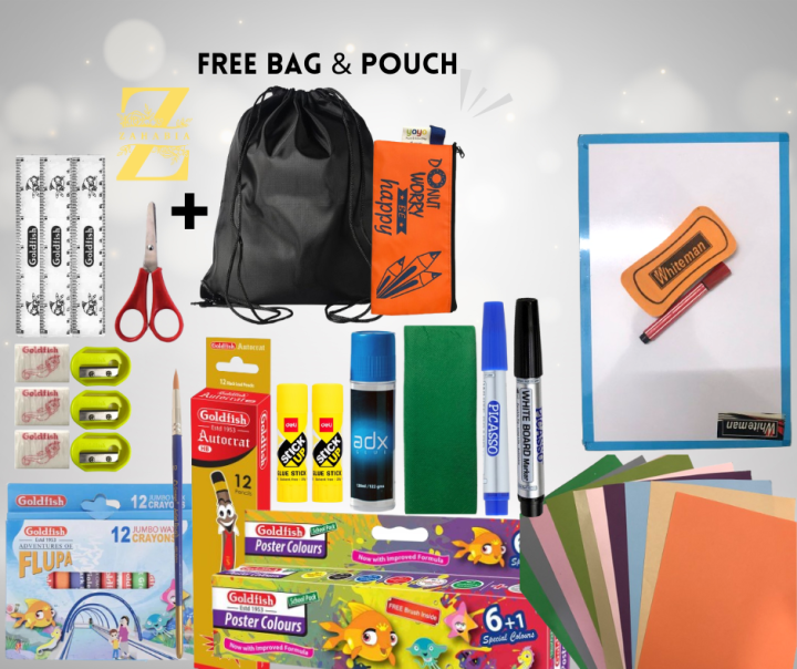 Goldfish Nursery School Bundle - School Stationery - With Free Pouch And High Quality Drawstring Bag - Stationery Set - 12 Items - School Course Stationery