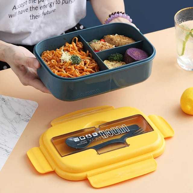 Student Lunch Box 3 Compartment Plastic Microwaveable Japanese Style Leak-proof Food Container Storage 3 Compartmentalized Box With Fork & Spoon