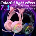 RGB LED pink cute wired cat ear girl gamer PC gaming over ear headphones 7.1 USB surround heavy bass gaming headset noise reduction headsets HiFi stereo headphone gaming pink with microphone mic for online class courses gaming live streaming broadcast. 